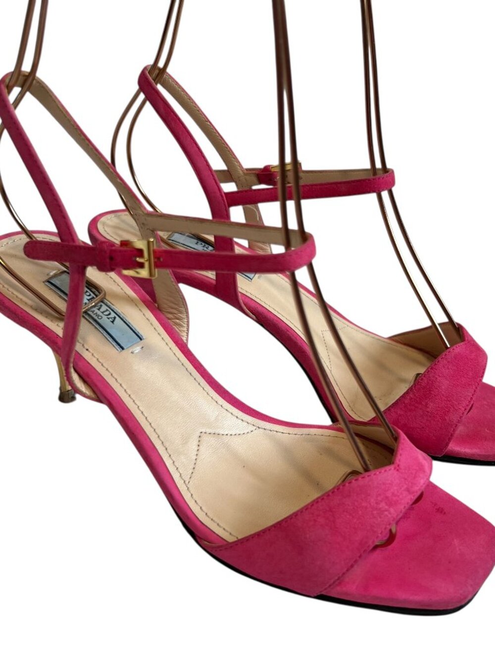 Prada high heel sandals pink suede 37.5 square toe ankle strap
